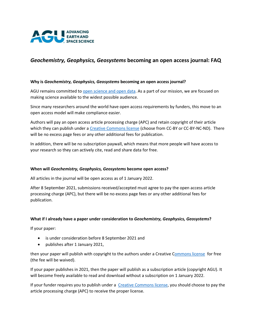 Geochemistry, Geophysics, Geosystems Becoming an Open Access Journal: FAQ