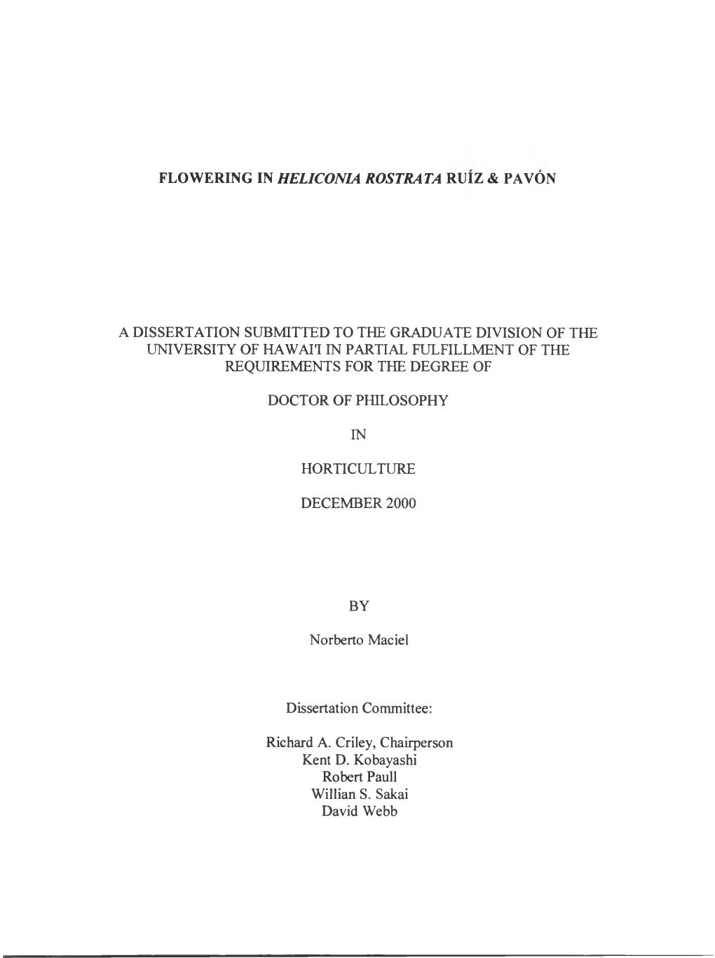 A Dissertation Submitted to the Graduate Division of the University of Hawai'i in Partial Fulfillment of the Requirements for the Degree Of