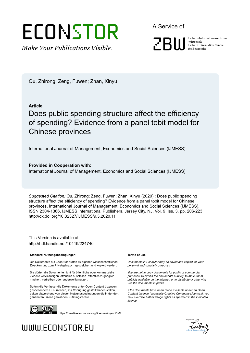 Does Public Spending Structure Affect the Efficiency of Spending? Evidence from a Panel Tobit Model for Chinese Provinces