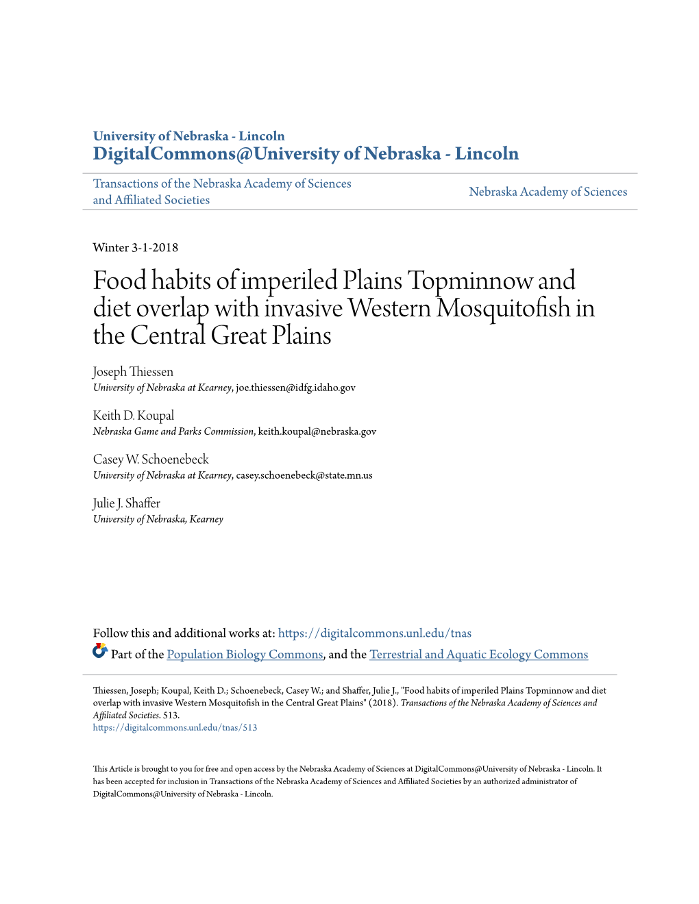 Food Habits of Imperiled Plains Topminnow and Diet Overlap With