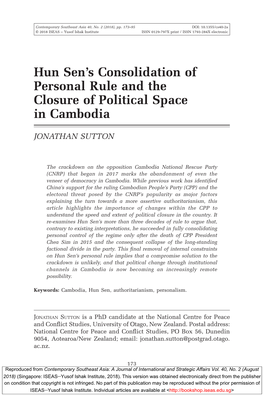Hun Sen's Consolidation of Personal Rule and the Closure of Political Space in Cambodia