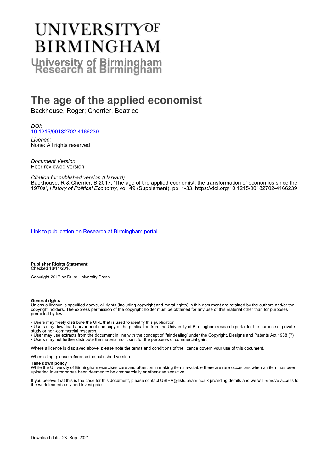 The Age of the Applied Economist Backhouse, Roger; Cherrier, Beatrice