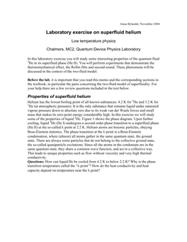 Laboratory Exercise on Superfluid Helium