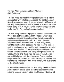 Tin Pan Alley Featuring Johnny Mercer (Will Robinson) Tin Pan Alley As