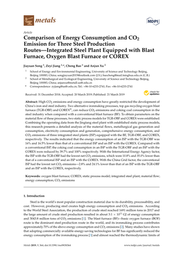 Comparison of Energy Consumption and CO2 Emission for Three Steel Production Routes—Integrated Steel Plant Equipped with Blast Furnace, Oxygen Blast Furnace Or COREX