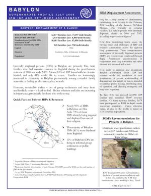 BABYLON IOM Displacement Assessments GOVERNORATE PROFILE JULY 2009
