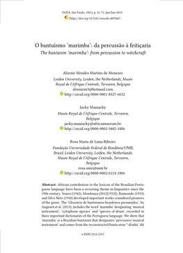 Marimba’: Da Percussão À Feitiçaria the Bantuism ‘Marimba’: from Percussion to Witchcra