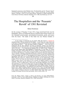 The Hospitallers and the Peasants' Revolt of 1381 Revisited