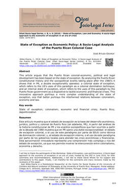 State of Exception As Economic Policy: a Socio-Legal Analysis of the Puerto Rican Colonial Case