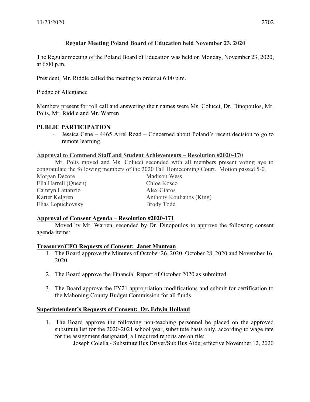 Regular Meeting Poland Board of Education Held November 23, 2020