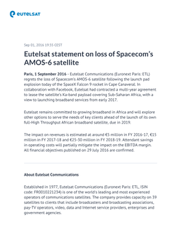 Eutelsat Statement on Loss of Spacecom's AMOS-6 Satellite