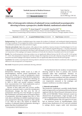 Effect of Intraoperative Infusion of Sufentanil Versus Remifentanil on Postoperative Shivering in Korea: a Prospective, Double-Blinded, Randomized Control Study