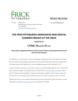 The Frick Pittsburgh Announces New Digital Summer Fridays at the Frick