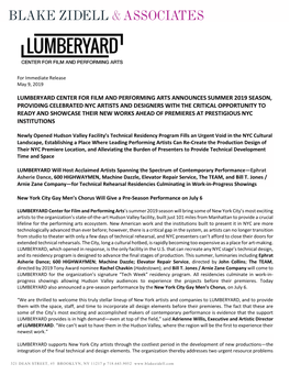Lumberyard Center for Film and Performing Arts Announces Summer 2019 Season, Providing Celebrated Nyc Artists and Designers With