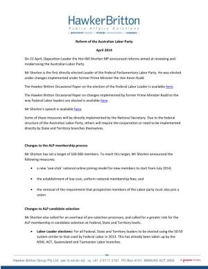 Reform of the Australian Labor Party April 2014 on 22 April, Opposition
