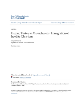 Harput, Turkey to Massachusetts: Immigration of Jacobite Christians Sargon Donabed Roger Williams University, Sdonabed@Rwu.Edu
