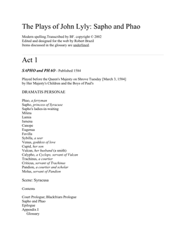 The Plays of John Lyly: Sapho and Phao Act 1