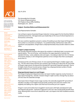 Associated Oregon Industries Re: Overtime Reform and Enhancement Act July 19, 2016 July 19, 2016 Page 2
