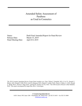 Amended Safety Assessment of Parabens As Used in Cosmetics