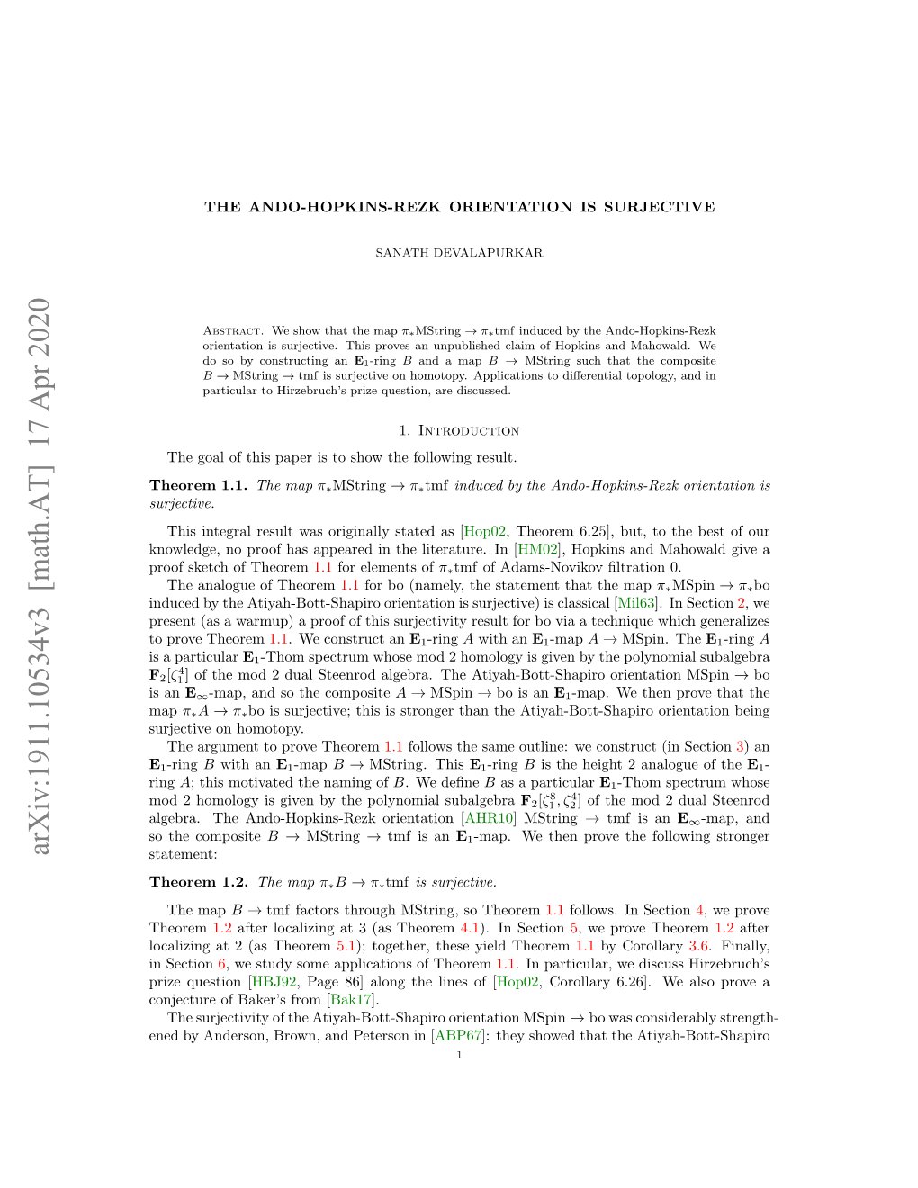 Arxiv:1911.10534V3 [Math.AT] 17 Apr 2020 Statement