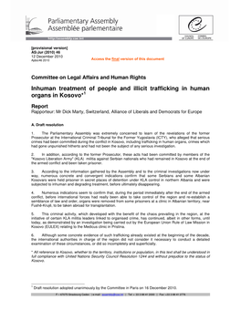 Inhuman Treatment of People and Illicit Trafficking in Human Organs in Kosovo*1