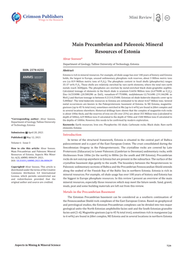 Main Precambrian and Paleozoic Mineral Resources of Estonia Alvar Soesoo* Department of Geology, Tallinn University of Technology, Estonia