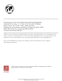 Reinstatement of the Genus Mastocarpus Kützing (Rhodophyta) Author(S): M