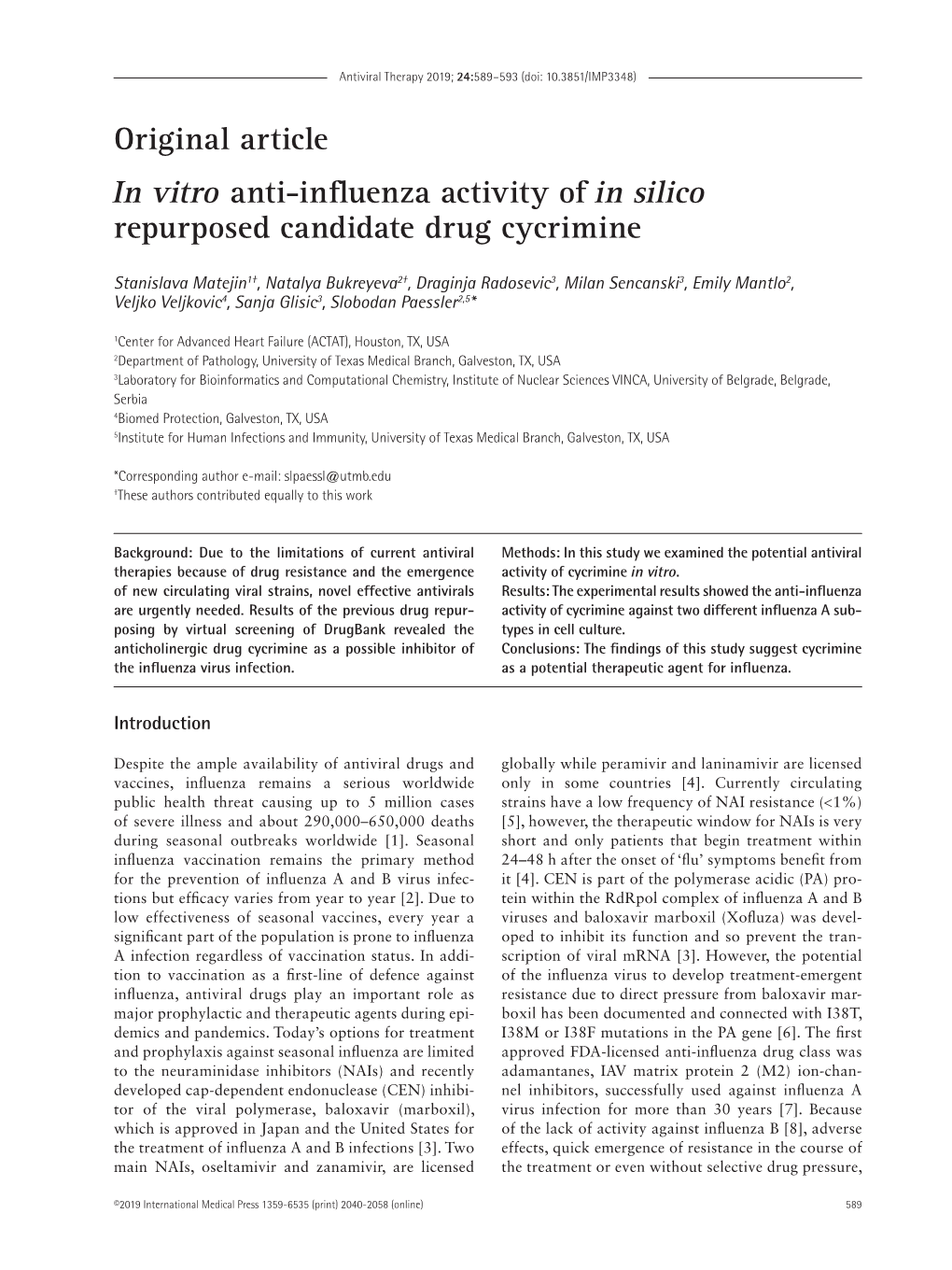 Original Article in Vitro Anti-Influenza Activity of in Silico Repurposed Candidate Drug Cycrimine