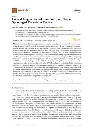 Current Progress in Solution Precursor Plasma Spraying of Cermets: a Review
