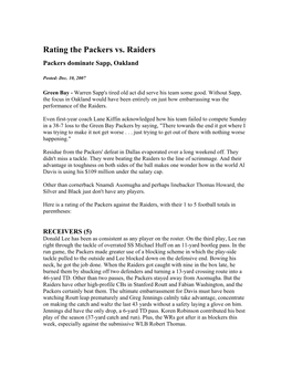 Rating the Packers Vs. Raiders Packers Dominate Sapp, Oakland