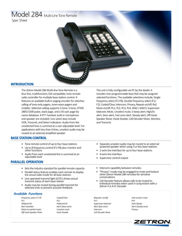 Model 284 Multi-Line Tone Remote Spec Sheet