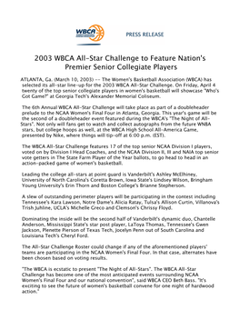 2003 WBCA All-Star Challenge to Feature Nation's Premier Senior Collegiate Players