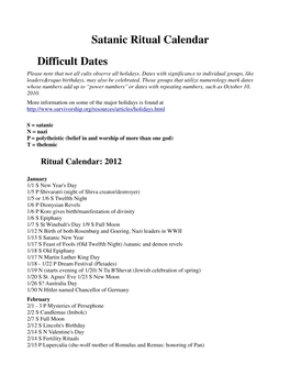 Satanic Ritual Calendar Difficult Dates Please Note That Not All Cults Observe All Holidays