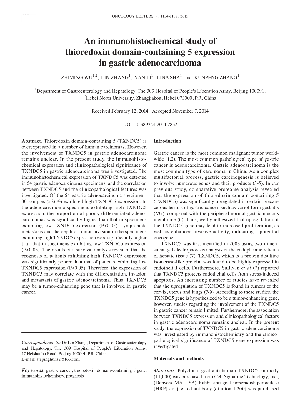 An Immunohistochemical Study of Thioredoxin Domain-Containing 5 Expression in Gastric Adenocarcinoma