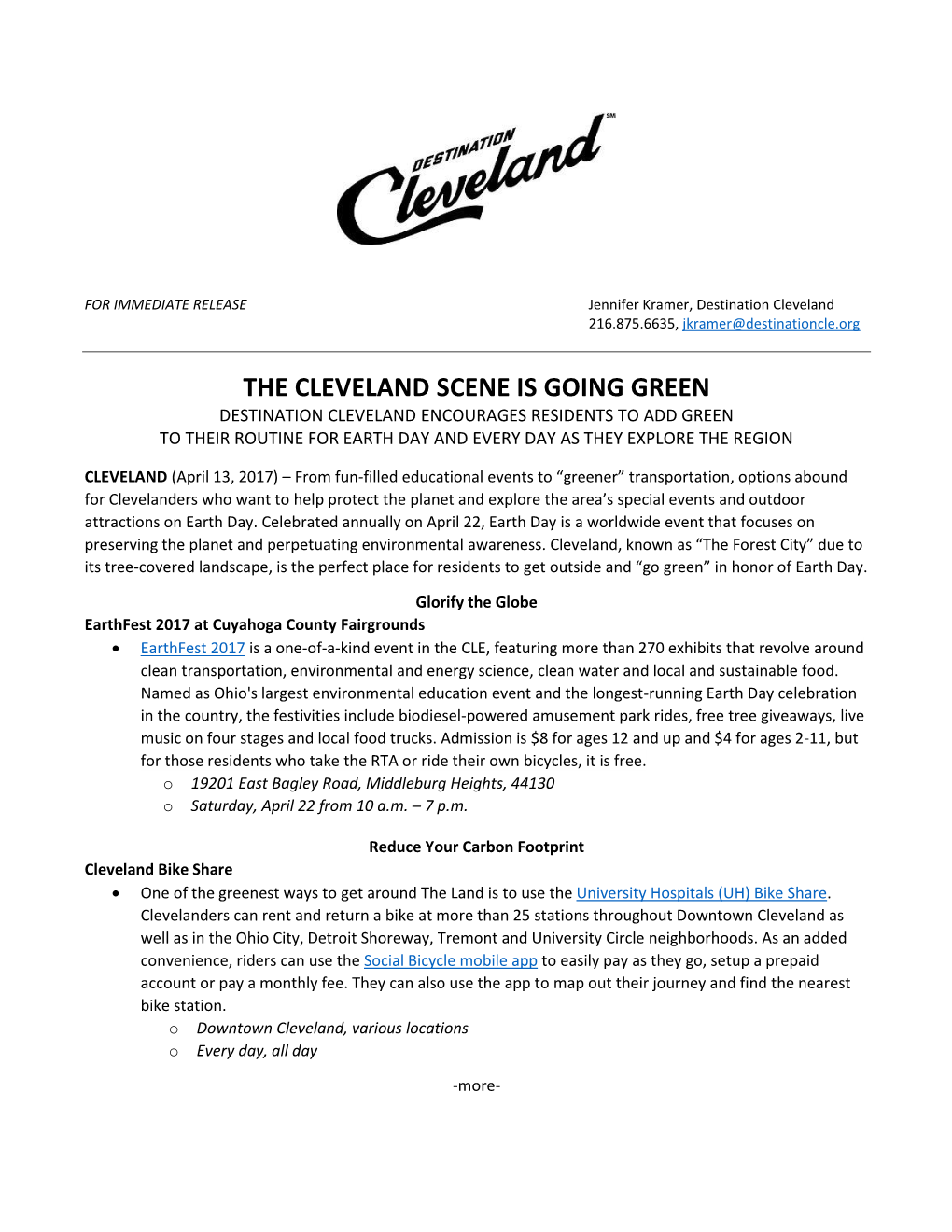 The Cleveland Scene Is Going Green Destination Cleveland Encourages Residents to Add Green to Their Routine for Earth Day and Every Day As They Explore the Region