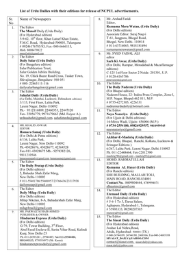 List of Urdu Dailies with Their Editions for Release of NCPUL Advertisements. Sr. No Name of Newspapers