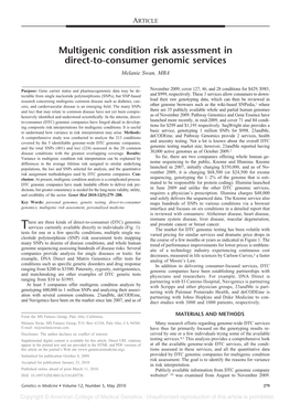 Multigenic Condition Risk Assessment in Direct-To-Consumer Genomic Services Melanie Swan, MBA
