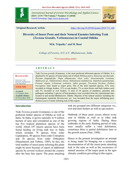 Diversity of Insect Pests and Their Natural Enemies Infesting Teak (Tectona Grandis, Verbenaceae) in Coastal Odisha