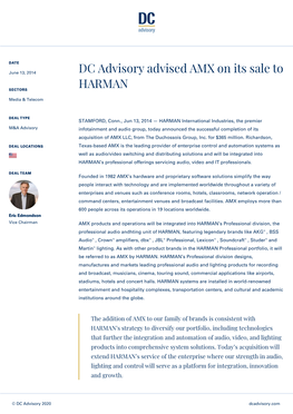DC Advisory Advised AMX on Its Sale to HARMAN