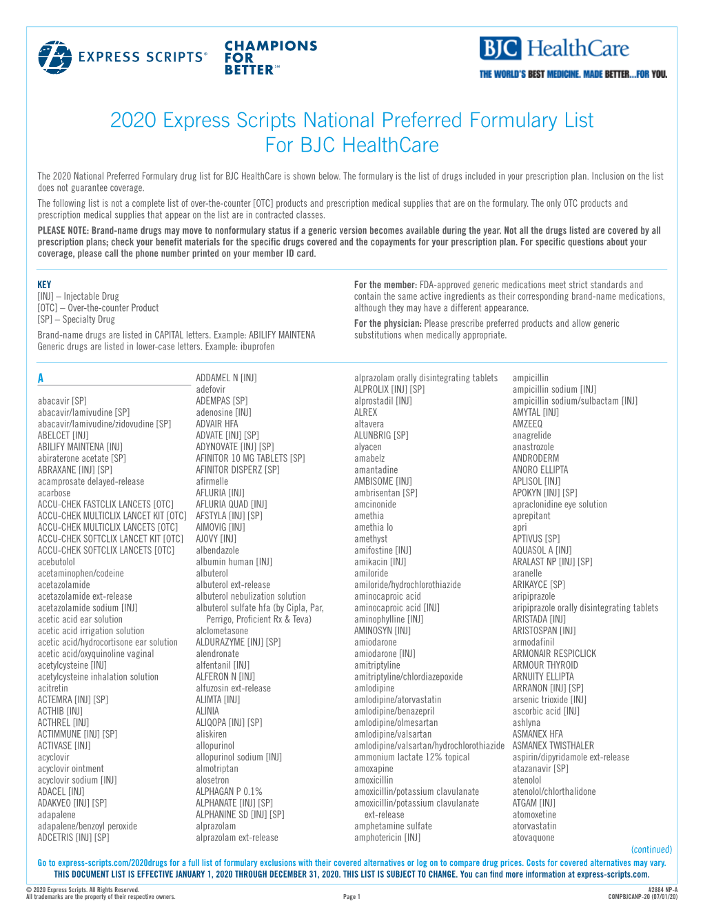 2020 National Preferred Formulary List for BJC Healthcare