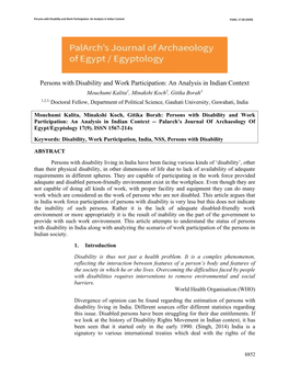 Persons with Disability and Work Participation: an Analysis in Indian Context PJAEE, 17 (9) (2020)