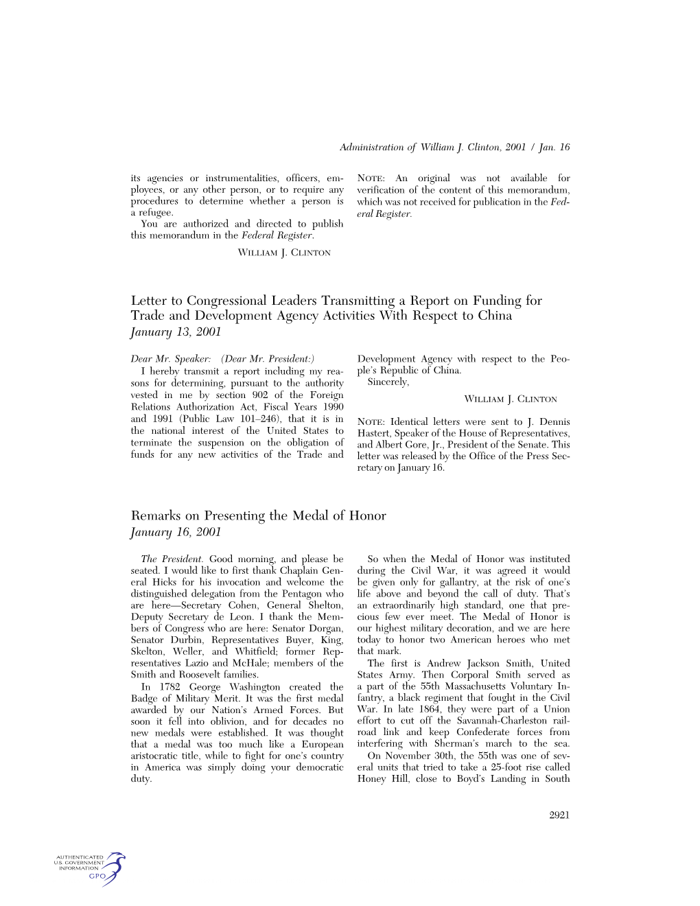 Letter to Congressional Leaders Transmitting a Report on Funding for Trade and Development Agency Activities with Respect to China January 13, 2001