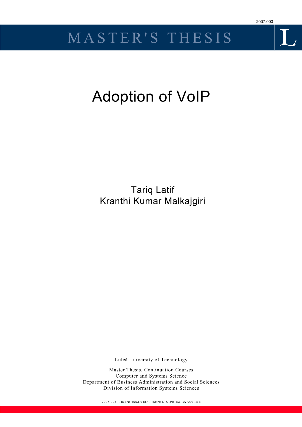 MASTER's THESIS Adoption of Voip