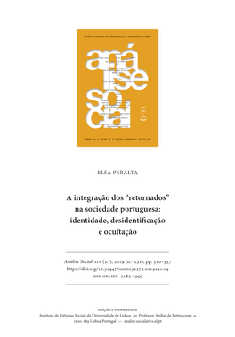 Retornados” Na Sociedade Portuguesa: Identidade, Desidentificação E Ocultação