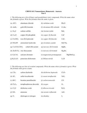 CHEM 1411 Nomenclature Homework - Answers Part I
