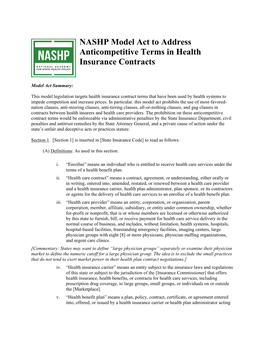 NASHP Model Act to Address Anticompetitive Terms in Health Insurance Contracts
