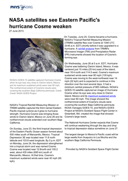 NASA Satellites See Eastern Pacific's Hurricane Cosme Weaken 27 June 2013