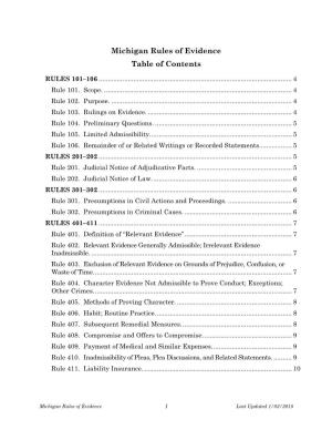 Michigan Rules of Evidence Table of Contents