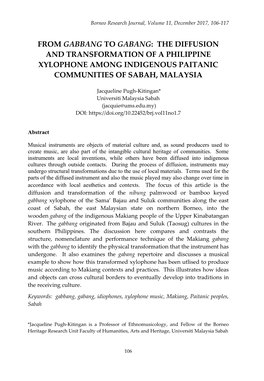 From Gabbang to Gabang: the Diffusion and Transformation of a Philippine Xylophone Among Indigenous Paitanic Communities of Sabah, Malaysia