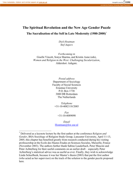 The Spiritual Revolution and the New Age Gender Puzzle the Sacralisation of the Self in Late Modernity (1980-2000)*